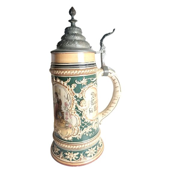 Antique Ceramic German Beer Stein Jakob Goldschmidt 1807 Hand-Painted Pewter Lid - Picture 4 of 16